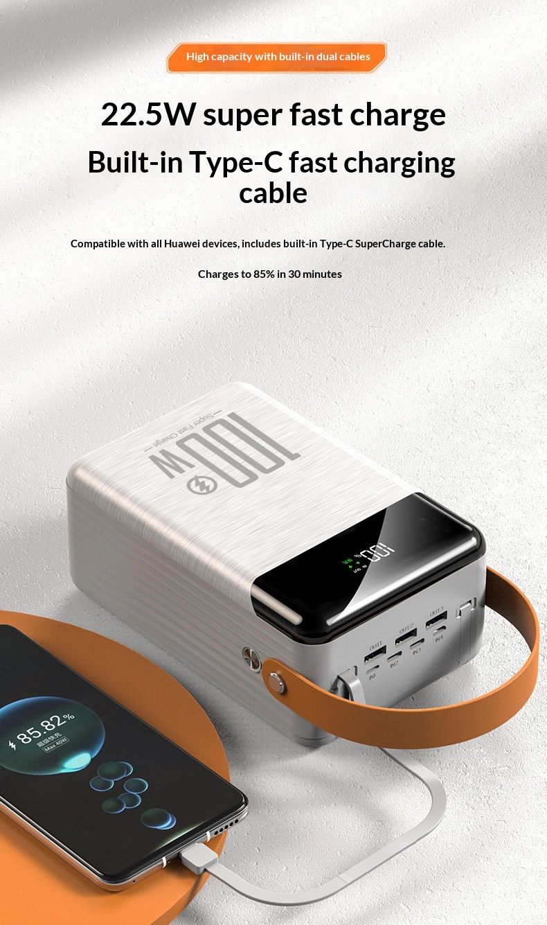 Cross-border Super Fast Charging Built-in Cable Power Bank 100000mAh Large Capacity Outdoor Portable Charger Custom_voghion.com