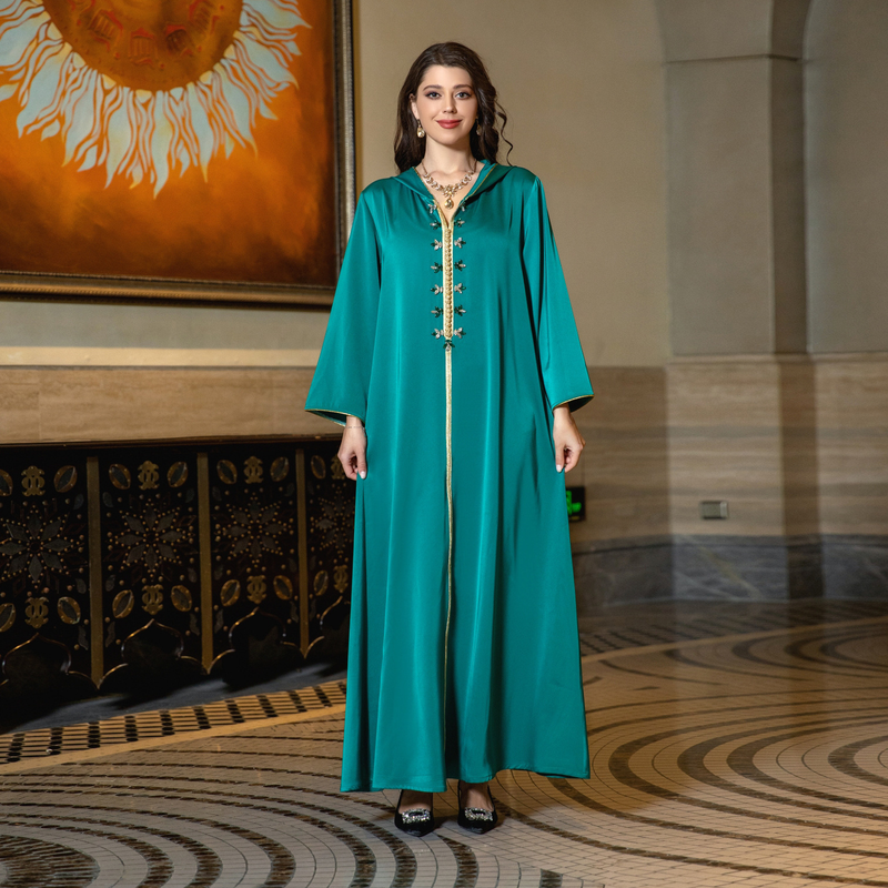 Vestido muçulmano feminino de cetim com contas abaya Dubai leve vestido de noite étnico luxuoso_voghion.com