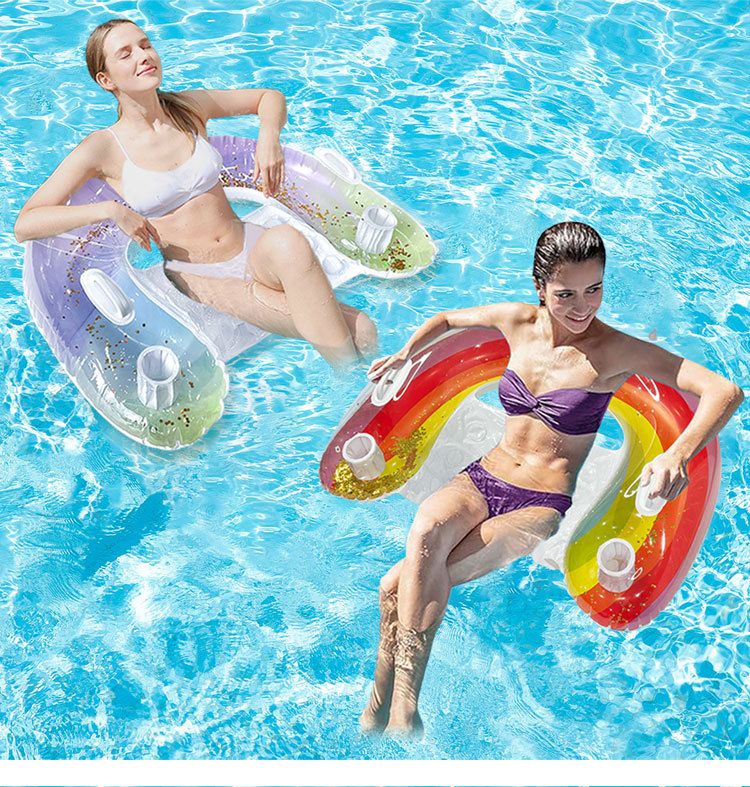 Șezlong plutitor gonflabil în formă de U cu sclipici acuarelă, cu suport pentru pahare, fotoliu reclinabil cu mai multe poziții pentru piscină și plajă_voghion.com