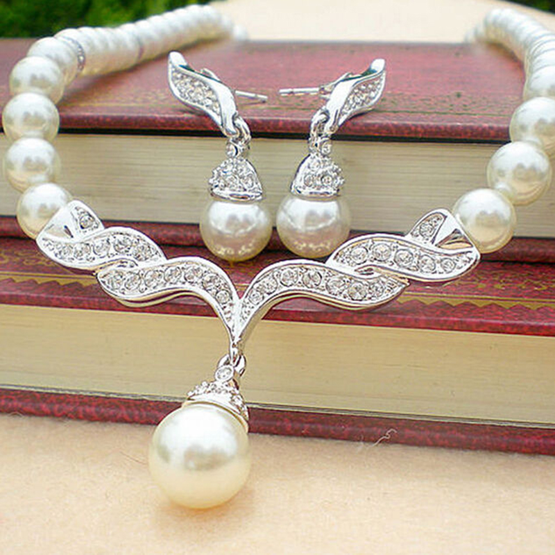 Qianbihe Bridal Women Naszyjnik Perła Kryształki Charms Kolczyki Ślubne Zestaw Biżuterii_voghion.com