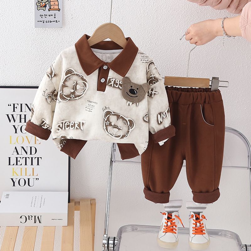 Abbigliamento per bambini primavera e autunno 2025, versione coreana, colletto ribaltabile, casual, felpa con cappuccio e orso, manica lunga, due pezzi_voghion.com