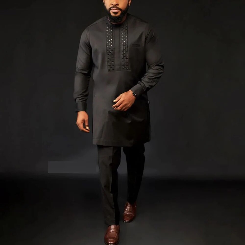 Man Sets Outfit Bruiloft Afrika Kralen Lange mouwen Top Broek Kaftan Traditionele kleding Costoumes Etnische Casual Heren_voghion.com
