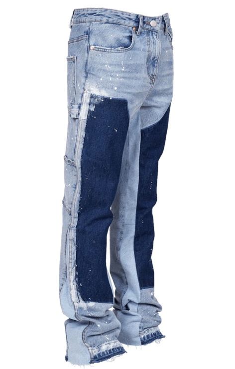 Calça de trabalho reta e moderna com tecido elástico, sobreposição de jeans, cores contrastantes e estilo retrô._voghion.com