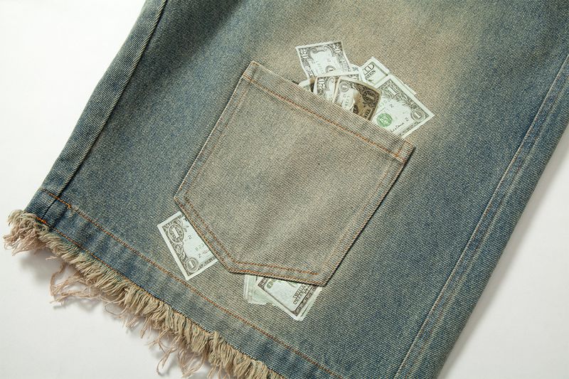 Îmbrăcăminte bărbătească Pantaloni scurți din denim rupți, spălați, cu gradient retro, de vară, personalizați, cu margini brute_voghion.com