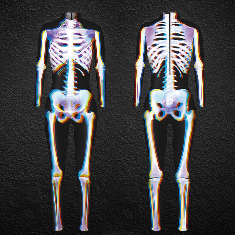 Ženska oblačila za noč čarovnic, ženski oprijeti kombinezon s potiskom človeškega okostja_voghion.com