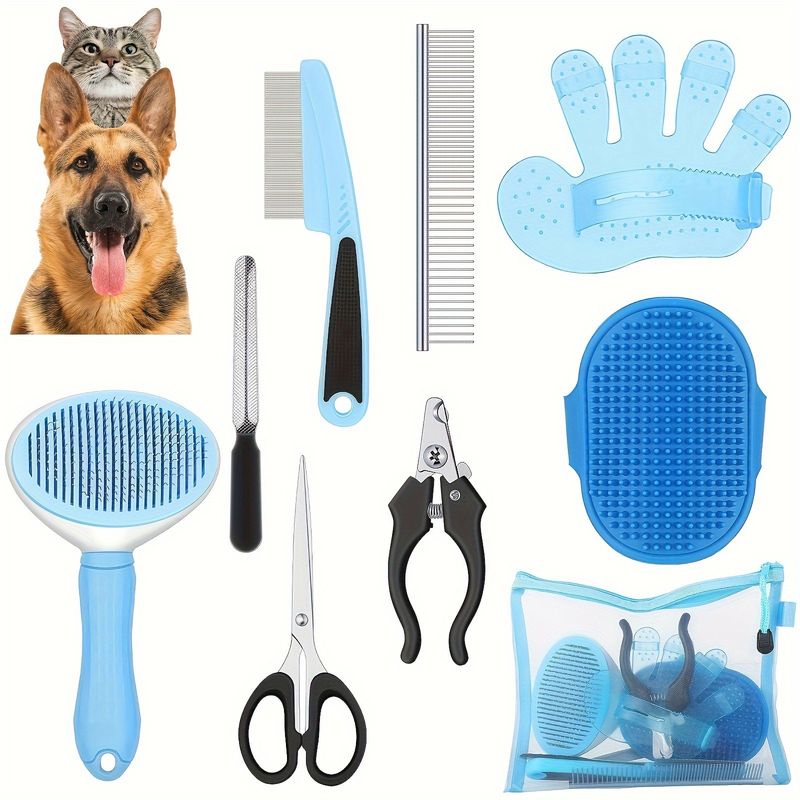 9-teiliges Hundepflegebürstenset mit Rechen, Flohkamm, Nagelknipser und Feile. Selbstreinigendes Fellpflegeset für Haustiere_voghion.com