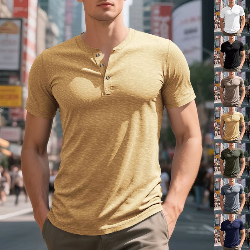 Summer New American Casual Men's Slim Muscle Bamboo Retro Henry Shirt Short Sleeved T Shirt_voghion.com
