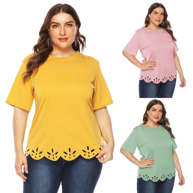 plus size women's round neck short-sleeved casual T-shirt hollow burnt flower solid color casual_voghion.com
