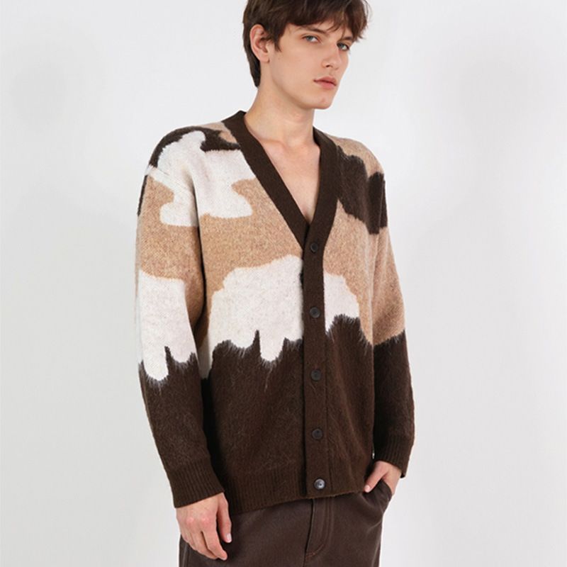Cardigan da uomo con scollo a V - Pullover casual in morbida maglia con orlo a coste, vestibilità comoda e ampia per l'inverno (cachi, grigio)_voghion.com