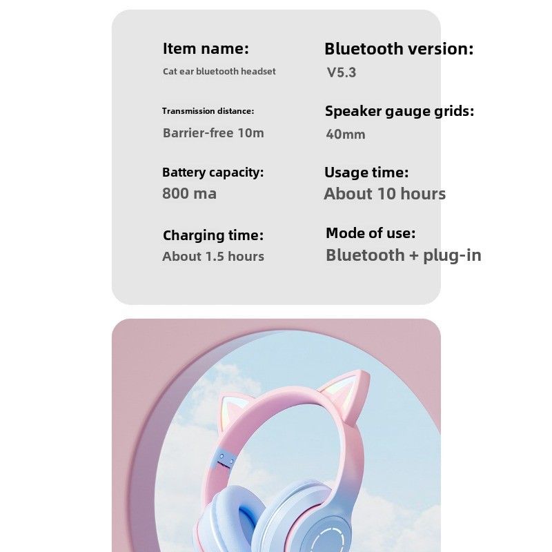 Yavaşça Renk Değiştiren Aydınlatmalı Bluetooth Kulaklık Kedi Kulaklığı BT035 E-spor Canlı Yayın Sunucusu Oyun Kulaklığı_voghion.com
