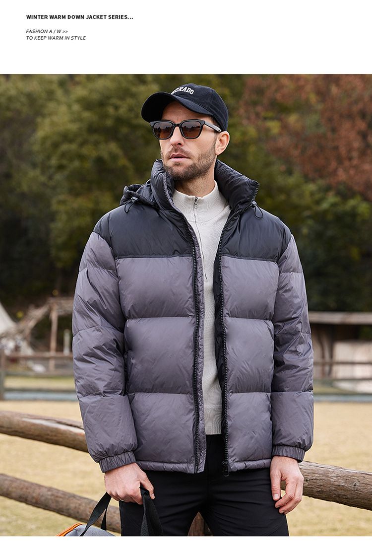 Robuste weiße Herren-Winterjacke mit Kapuze und durchgehendem Reißverschluss, maschinenwaschbar, ideal zum Skifahren, Snowboarden und für andere Aktivitäten._voghion.com