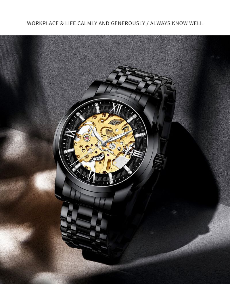 BIDEN Orologio meccanico classico di lusso con quadrante in diamanti, lancette luminose, orologio automatico scheletrato in oro da uomo, cinturino in acciaio inossidabile_voghion.com
