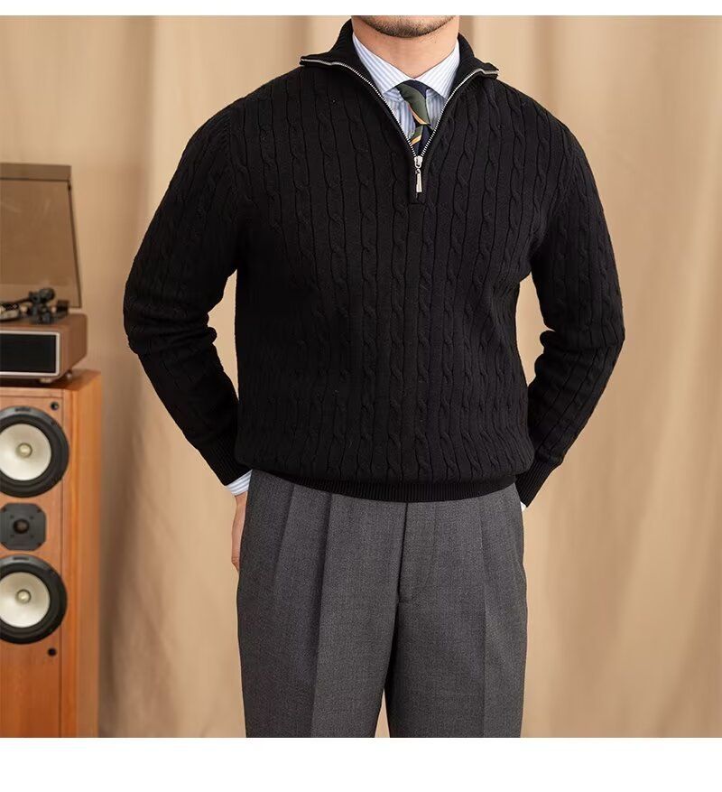 Men's Clothing Cozy Retro Zip-Up Knit Sweater For Men & Women, Soft Pullover With Embroidered Badge, Loose Fit Casual Wear, Black/White, Sizes M-3XL_voghion.com