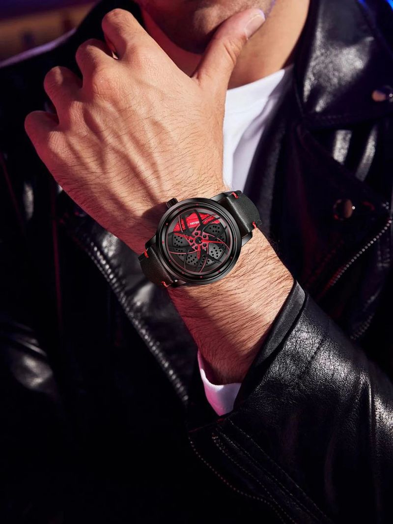 Orologio rotante con cinturino in pelle, tendenza moda, al quarzo, da uomo, con contorno, set di scatole_voghion.com
