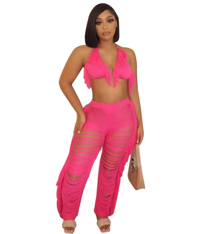 Audday TS1193 New Women's Solid Color Bikini Tassel Knitted Beach Shorts Set_voghion.com