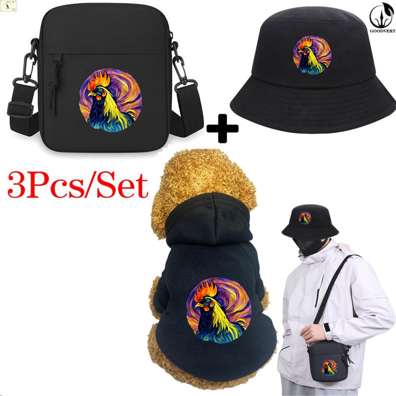 Animal Kangaroo 3-teiliges Set mit Tasche und Hut, flammender Totenkopf-Print, Haustierbekleidung, dreiteilige Kombination, bequeme Winterkleidung für Haustiere, ideal für Reisen mit Haustieren im Freien_voghion.com