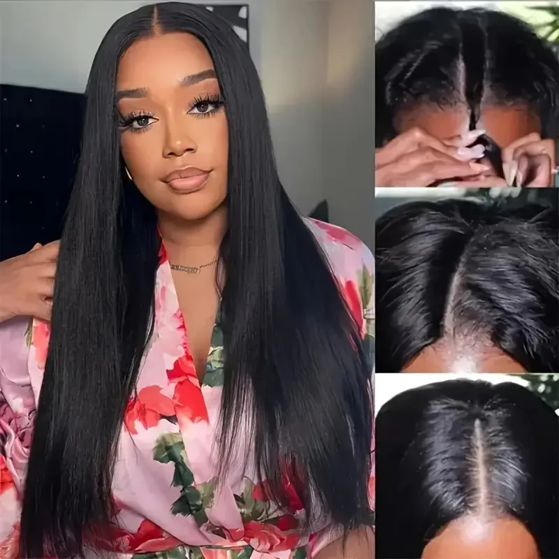 Peluca de cabello humano liso con parte en V y clip, brasileña, Remy, para mujer, color natural, para uso diario_voghion.com