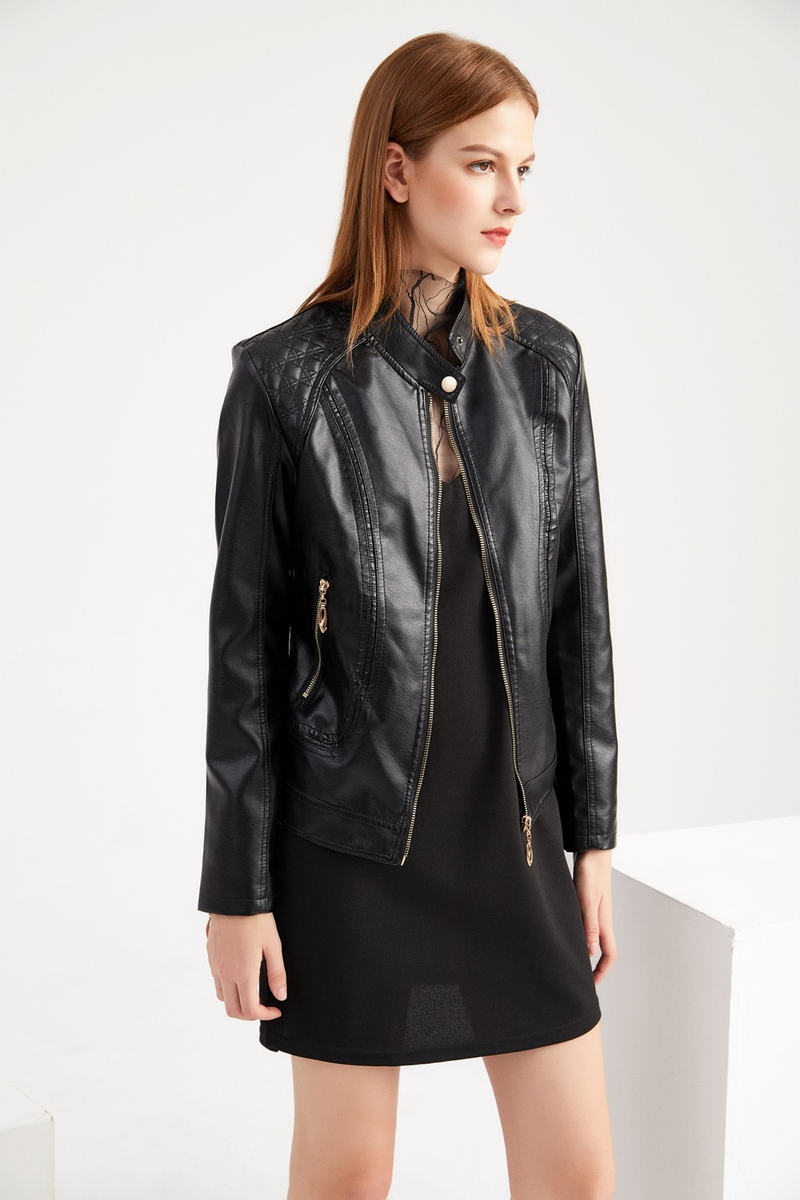 Giacca in pelle PU da donna taglie forti con colletto rialzato Giacca in pelle da donna_voghion.com