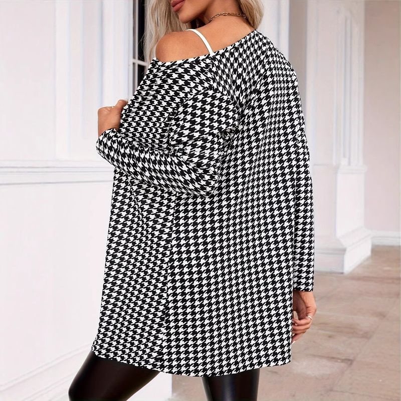 Printed Longline Blazer Jacket For Women – Oversized Tweed Coat With 3D Patterns (S-XXL, Stretch Polyester Spandex, Round Neck Work-to-Weekend Top)_voghion.com