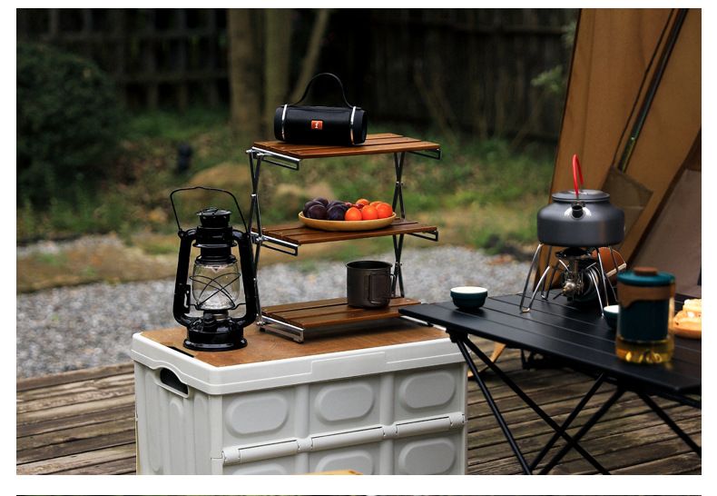 Outdoor Three-Layer Rack Solid Wood Foldable Portable Camping Folding Multi-Layer Multi-Function Storage Table_voghion.com