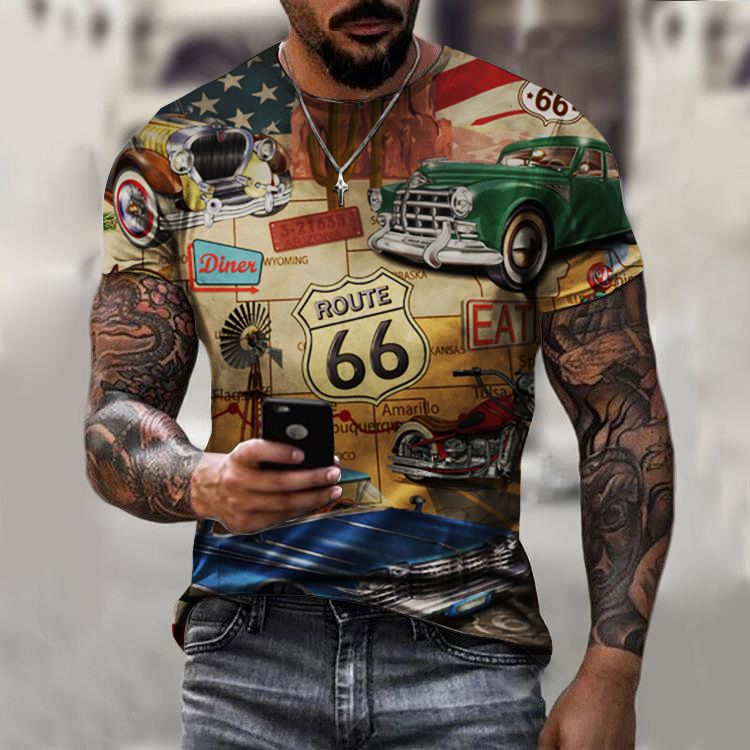 T-shirt da uomo girocollo casual alla moda stampata in 3D della nuova serie Route 66 estiva 2022_voghion.com