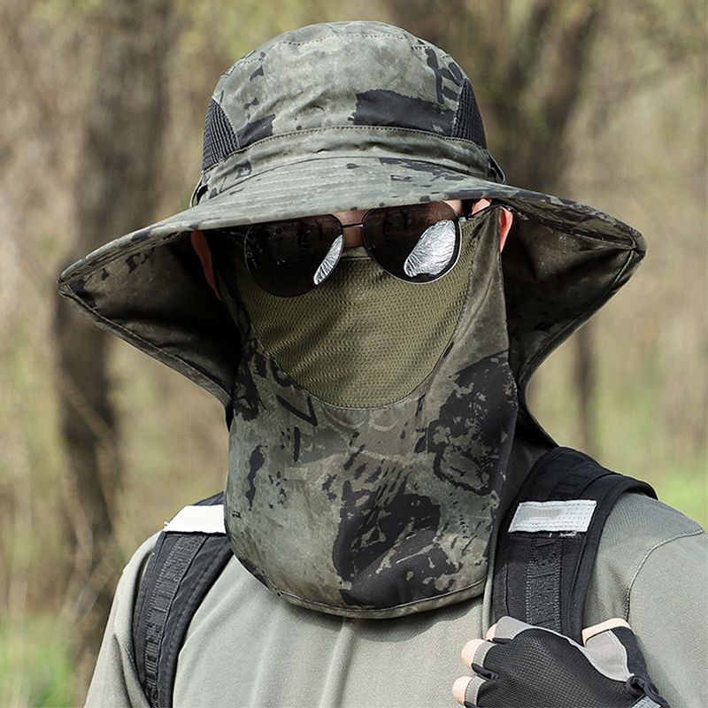 Moderigtig Herre Solhat med Sjalslør Camouflage Sommer Sandforebyggelse Åndbar Stor Skygge Spandhat Vandtæt Udendørs Camping Fiskeri_voghion.com