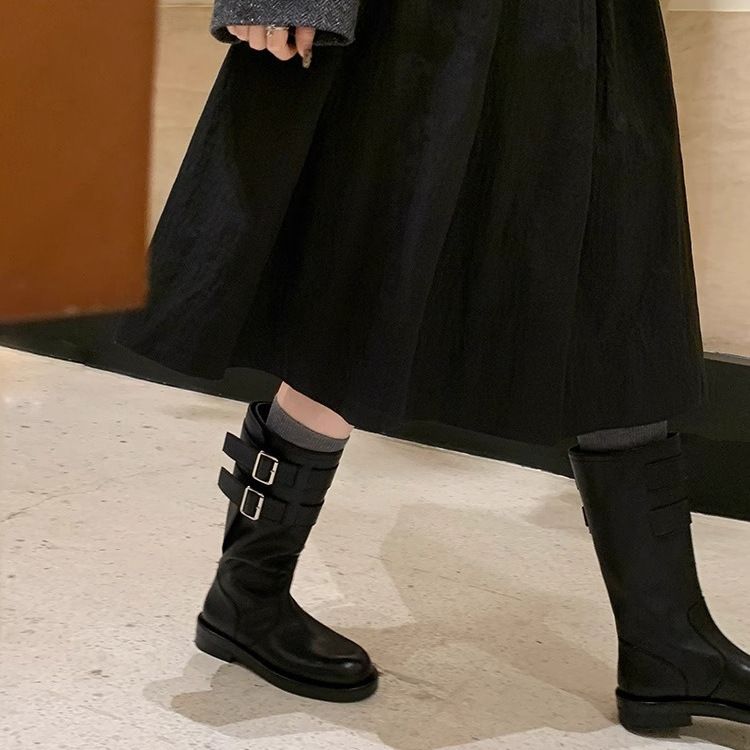 Cowhide ~ Su Yinyin Same Style Norway Debut Thick Sole Chunky Heel Double Buckle Strap Mid-Calf Long Women' Riding_voghion.com