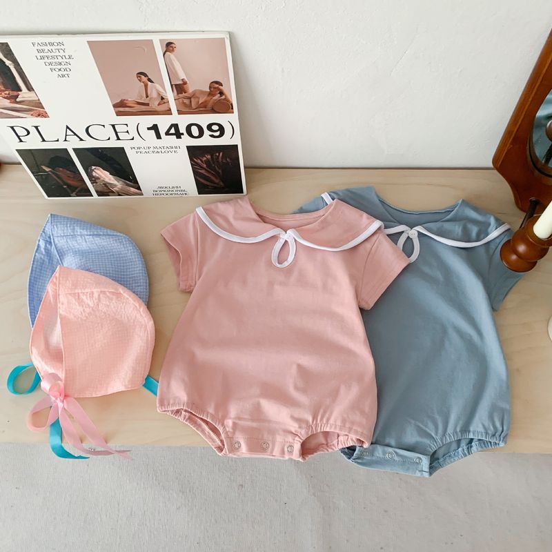 Neonate estive coreane con tuta casual a maniche corte con colletto a bavero in stile blu scuro alla moda, borsa, glutei e_voghion.com