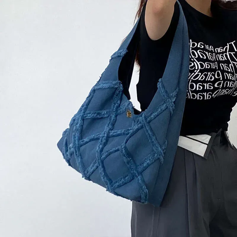 Nuova borsa a tracolla casual di grande capacità, con nappa, stile street, alla moda, in tela di denim, da donna_voghion.com