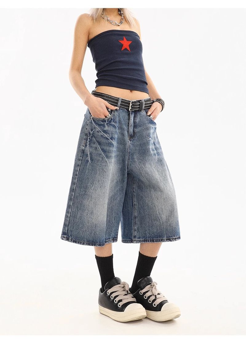 Herrenbekleidung Retro Washed Old Lightning Pattern Dreiviertel-Jeansshorts Lockere, gerade, weit geschnittene, mittellange Hose_voghion.com