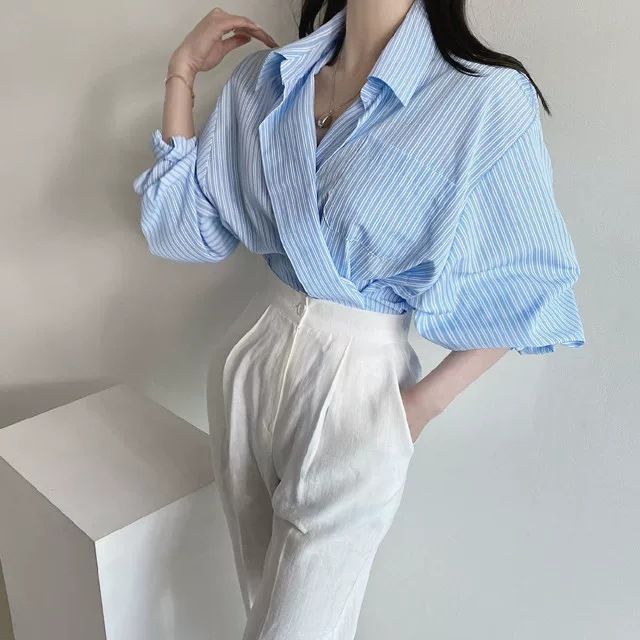 2024 Spring and Autumn New Korean Chic Gentle Striped White Collar Single breasted Loose Casual Long Sleeve Shirt_voghion.com