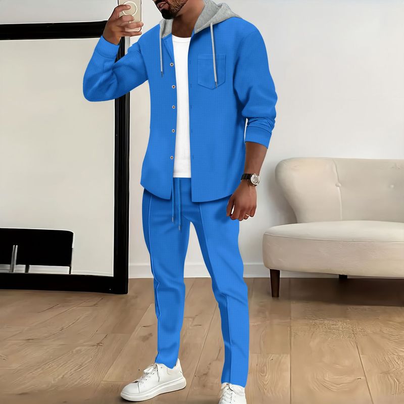 Abbigliamento da uomo Completo da uomo con felpa con cappuccio e pantaloni della tuta in maglia a nido d'ape - Due pezzi da indossare in salotto a blocchi di colore (5 colori, dalla S alla XXXL)_voghion.com