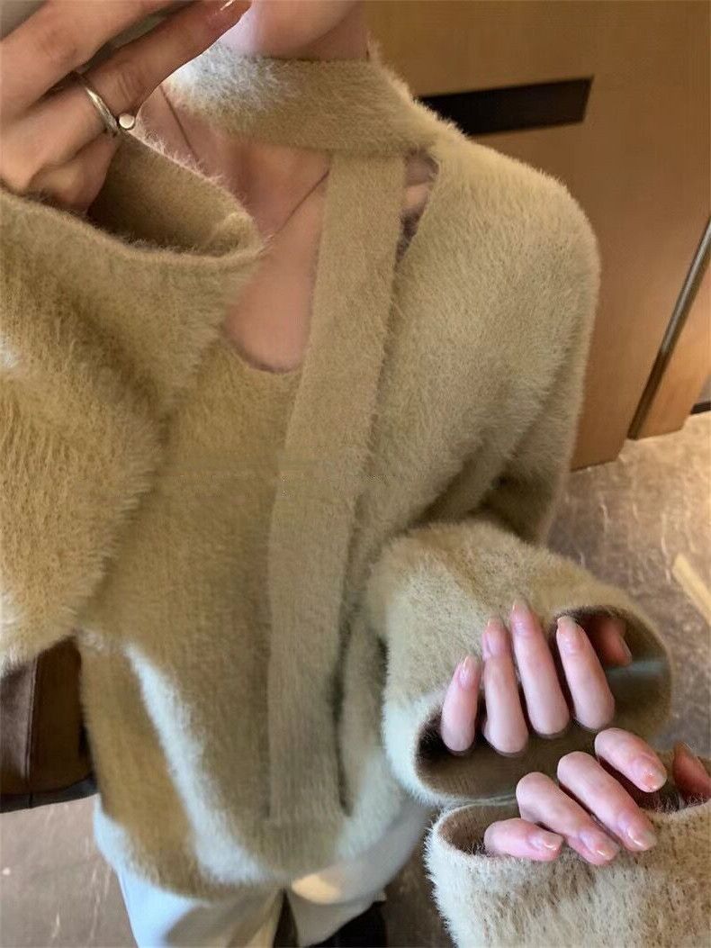 Sciarpa con scollo a V in stile coreano con pullover in pelliccia di visone, morbida maglia appiccicosa per autunno e inverno da donna_voghion.com