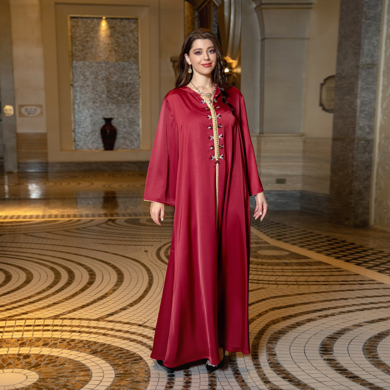Vestido muçulmano feminino de cetim com contas abaya Dubai leve vestido de noite étnico luxuoso_voghion.com