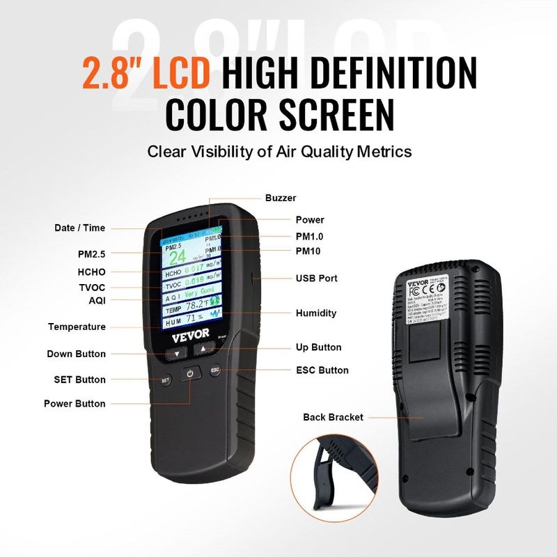 TVOC Quality Air AQI Counter PM2.5 Particle Formaldehyde PM1.0 PM10 Tester 8IN1 Humidity For Professional Temperature Monitor_voghion.com