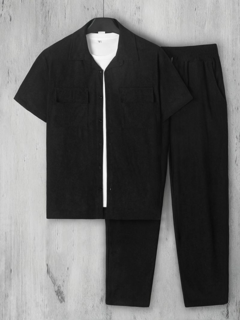 Men's Plus Size Corduroy Short Sleeve Shirt & Pants Set - Summer Casual Outfit With Button Front & Pockets (White, Black, Navy, Beige, Caramel)_voghion.com