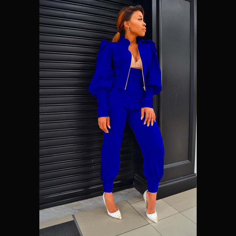 Damenbekleidung Mode Persönlichkeit Design Sinn für einfarbige Blase Ärmel Reißverschluss hoch taillierte Hose zweiteiliger Anzug_voghion.com