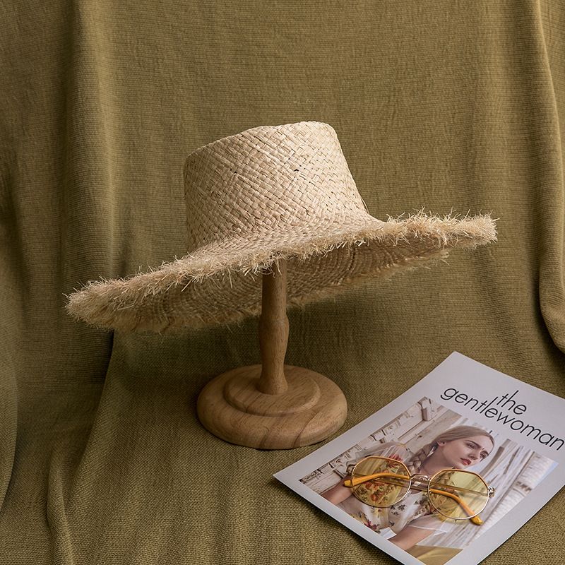 Hot Sale New Summer Wacation Natural Lafite Women's Handmade Woven Beach Straw Hat Tassel Splicing Design_voghion.com