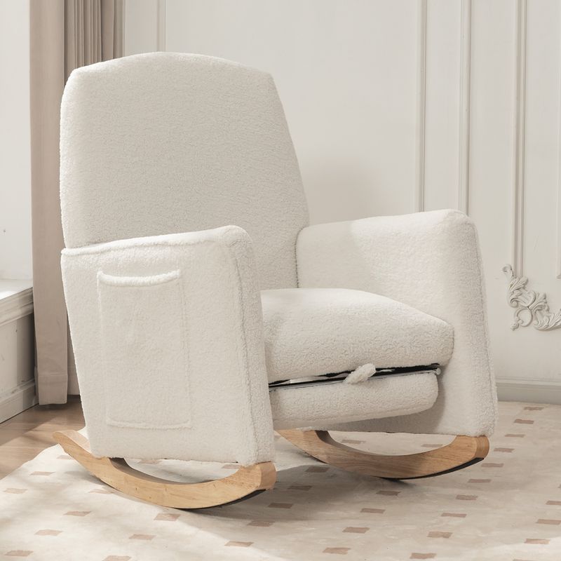 Fauteuil à bascule 044 avec pouf, fauteuil inclinable d'intérieur à dossier haut en tissu Teddy blanc pour salon_voghion.com