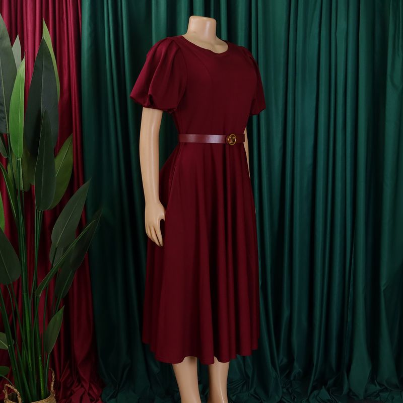 Abito da donna con scollo rotondo, temperamento, elegante, vita ampia, manica a sbuffo, gonna a trapezio_voghion.com