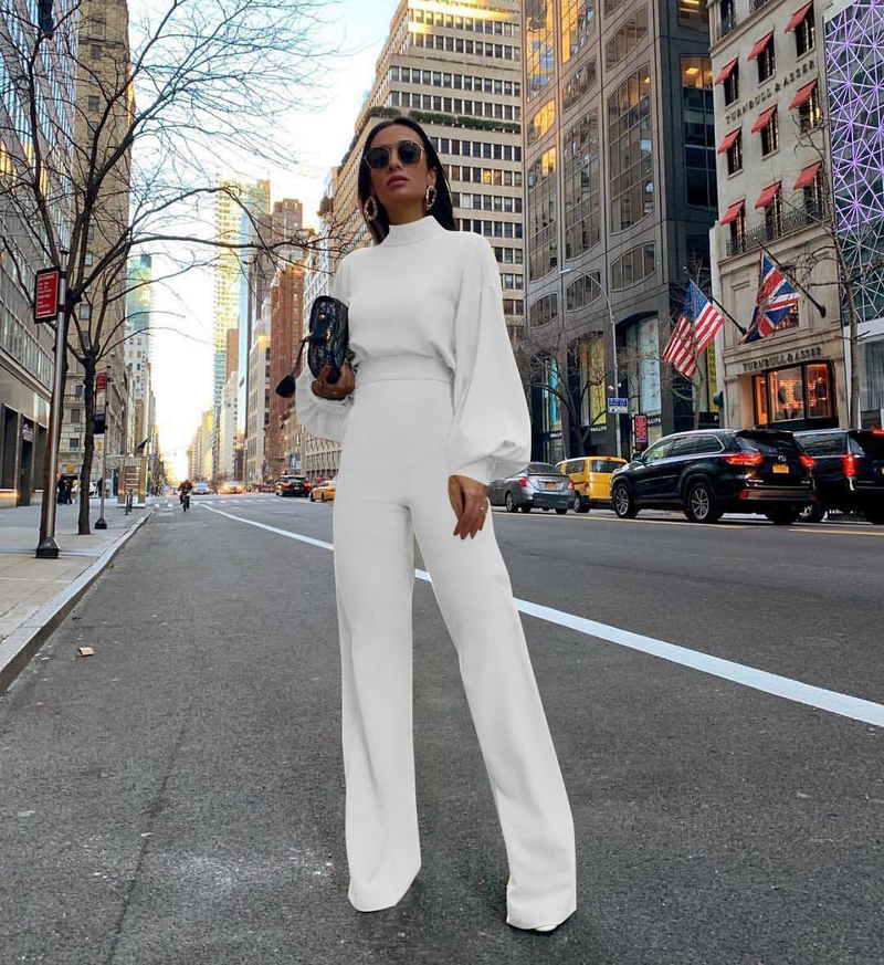 Women's Clothing Half high collar lantern sleeves simple and capable jumpsuit jumpsuit_voghion.com