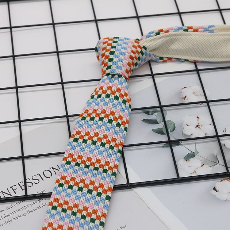 Cravatta alla moda con testa piatta per uomo, in lana lavorata a maglia, stile college britannico, casual, a quadri colorati da 6 cm, unisex_voghion.com