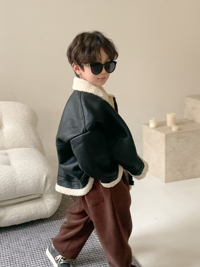 Children's Coat Winter Boy Korean Casual Fur Collar Leather Jacket Children's Extra Zipper Leather Jacket_voghion.com
