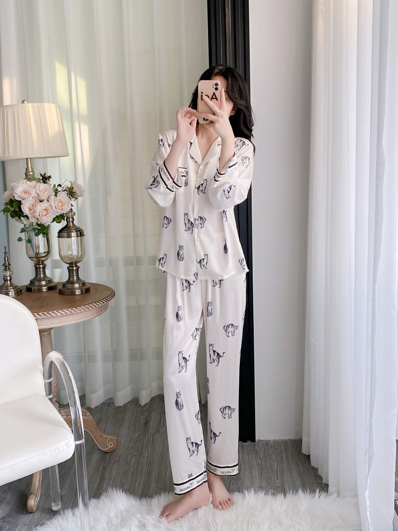 High-End-Schlafanzug mit Katzenmuster, süße, lockere, langärmlige Hose für Damen, Homewear, zweiteiliges Set, echte Aufnahme und Lieferung_voghion.com
