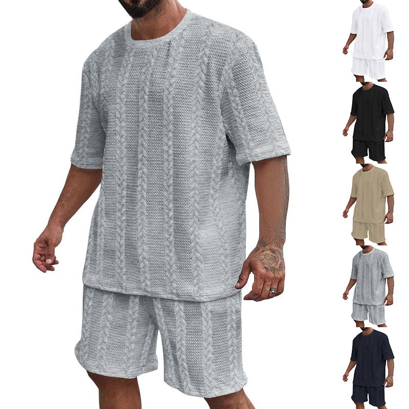 24 Strick-Set aus einfarbigem Jacquard, Sommer, lässig, Rundhalsausschnitt, Pullover, Kurzarm, Shorts, Sport-Set für Herren_voghion.com