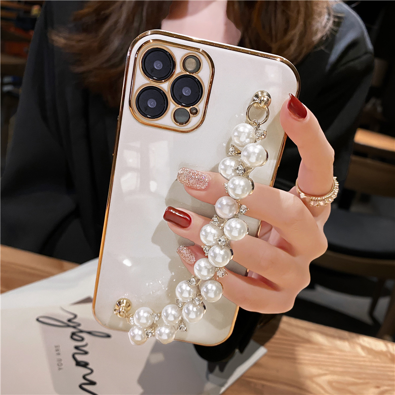 Lyxplätering Pearl Armband Kedja Mjukt Fodral För iPhone 13 14 12 Pro Max 11 XS X XR 7 8 Plus mini SE 2 Glitter Silikonskydd_voghion.com