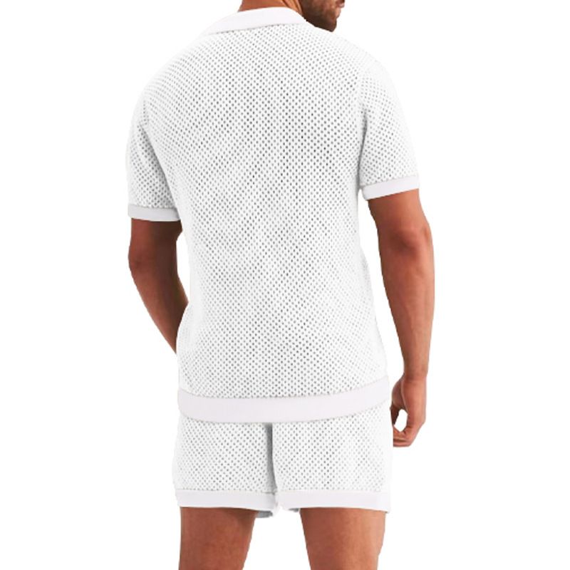 Herrenbekleidung Herrenmode aushöhlen durchsichtig cool lässig dünne Oberbekleidung Herren Kurzarm Shorts Set_voghion.com