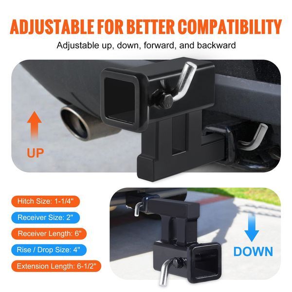 Hitch Adapter, 1-1/4' To 2' Receiver Hitch Extender Extension, Trailer Hitch Riser With 4' Rise/Drop, 6-1/2' Extension Length, 4000 Lbs Towing Capa_voghion.com