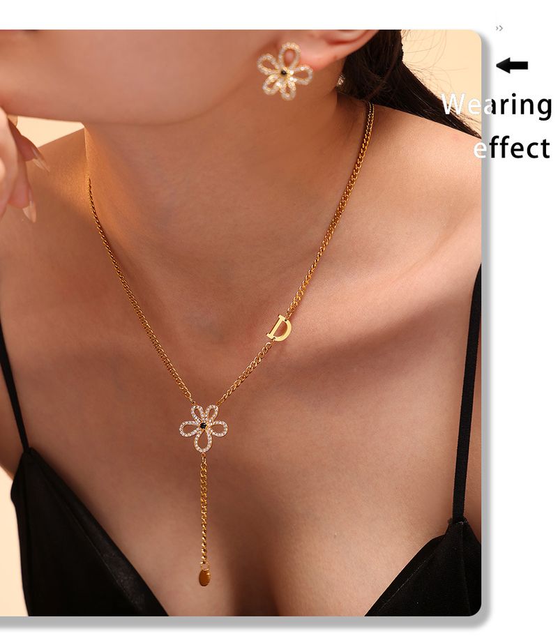 Texture handmade zircon flower earrings necklace set titanium steel plated real gold color preserving female_voghion.com