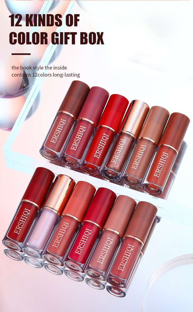 Exclusive ErshiQi 12 Color Book Matte Pearl Gloss Non Stick Cup Lip Glaze Lipstick_voghion.com